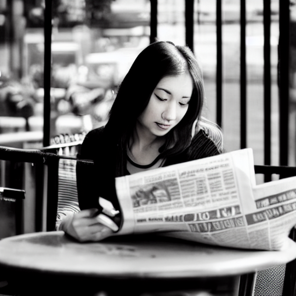茨城新聞を見ながらカフェでくつろぐ40代女性