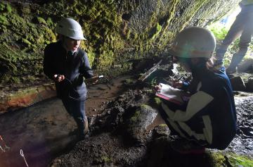 ヒカリモが生息する洞窟を調査する県立水戸二高の生徒たち=水戸市備前町、鹿嶋栄寿撮影