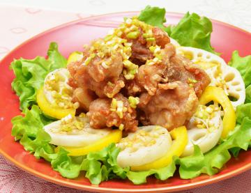 レンコンと鶏肉のから揚げネギソース