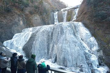 厳しい冷え込みにより9割ほど凍結した袋田の滝=10日午前9時10分ごろ、大子町袋田
