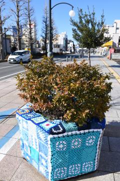 ネモフィラをイメージした青の編み地がくるまれたフラワーポット=勝田東口の昭和通り