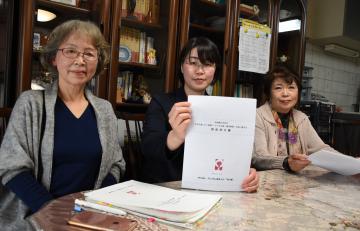 女性支援(DV事案)・子ども支援(虐待事案)対応に関する調査報告書を手にするNPO法人ウィメンズネット「らいず」のメンバー=水戸市内