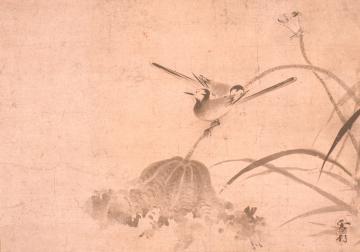 雪村周継「敗荷鶺鴒図」室町時代(16世紀)、県立歴史館蔵