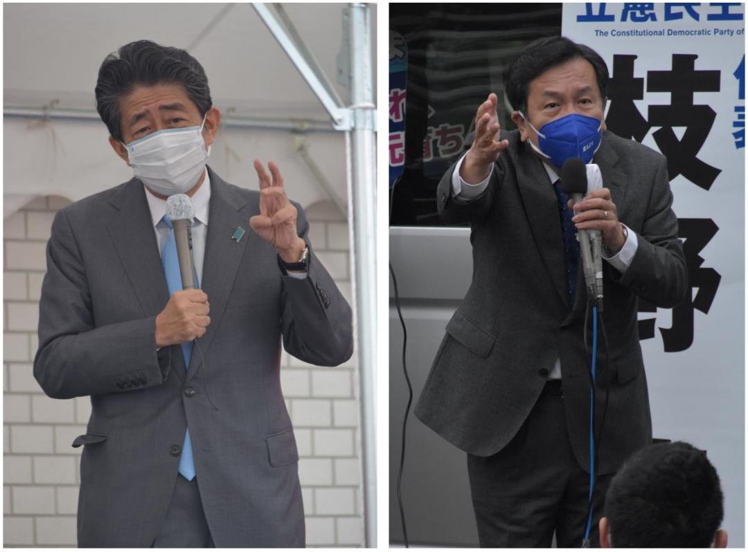 自民党候補の支持を訴え演説する安倍晋三元首相＝石岡市内（左）、支持を訴える立憲民主党の枝野幸男代表＝つくば市内