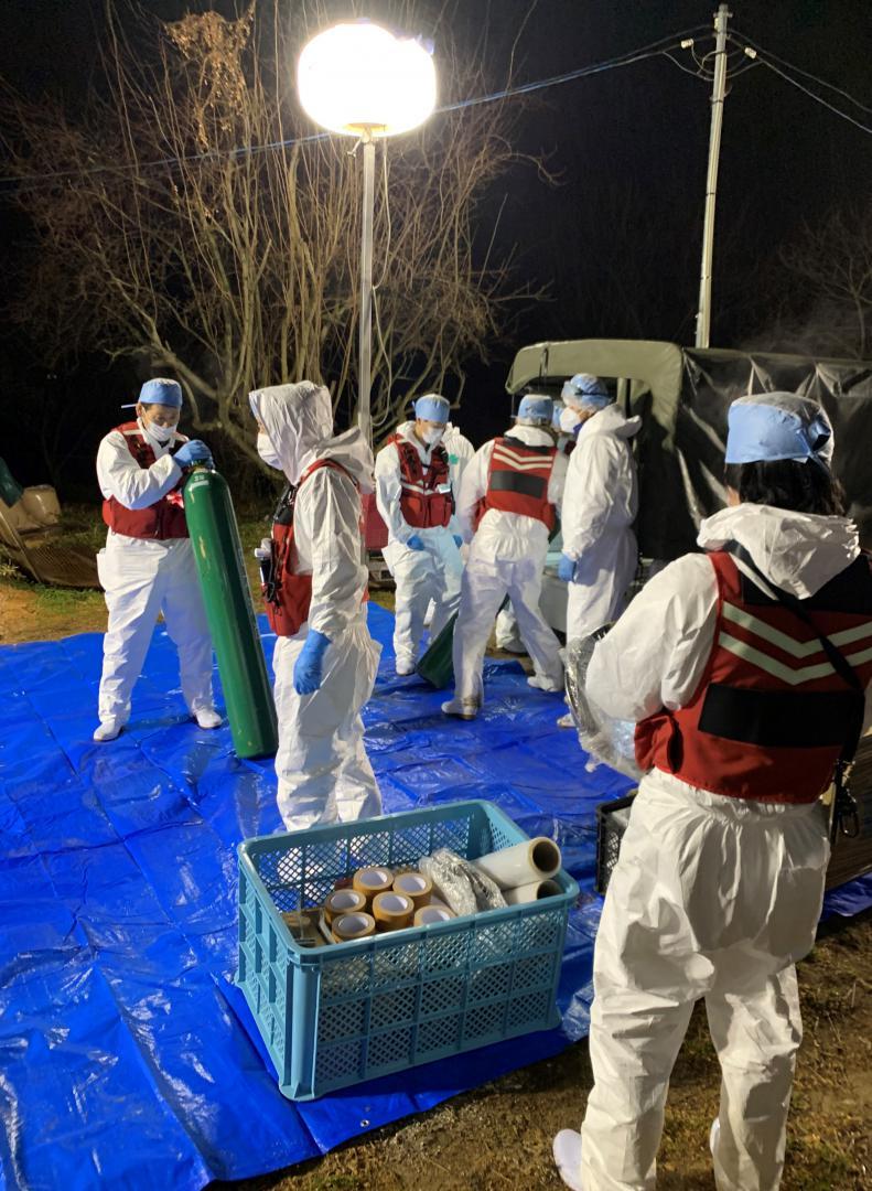 千葉県匝瑳市のアヒル農場からひなが出荷された農場で殺処分を進める作業員=26日午前6時ごろ、かすみがうら市内(県提供)
