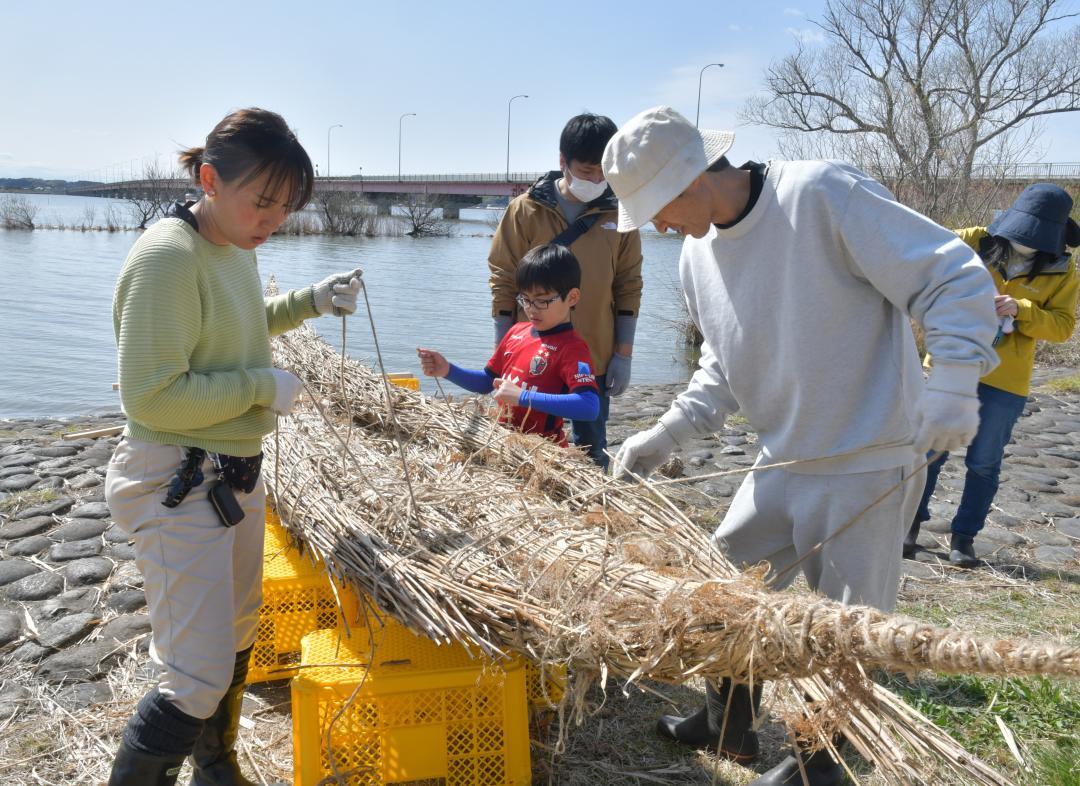 協力して葦舟を作る参加者ら=行方市玉造甲
