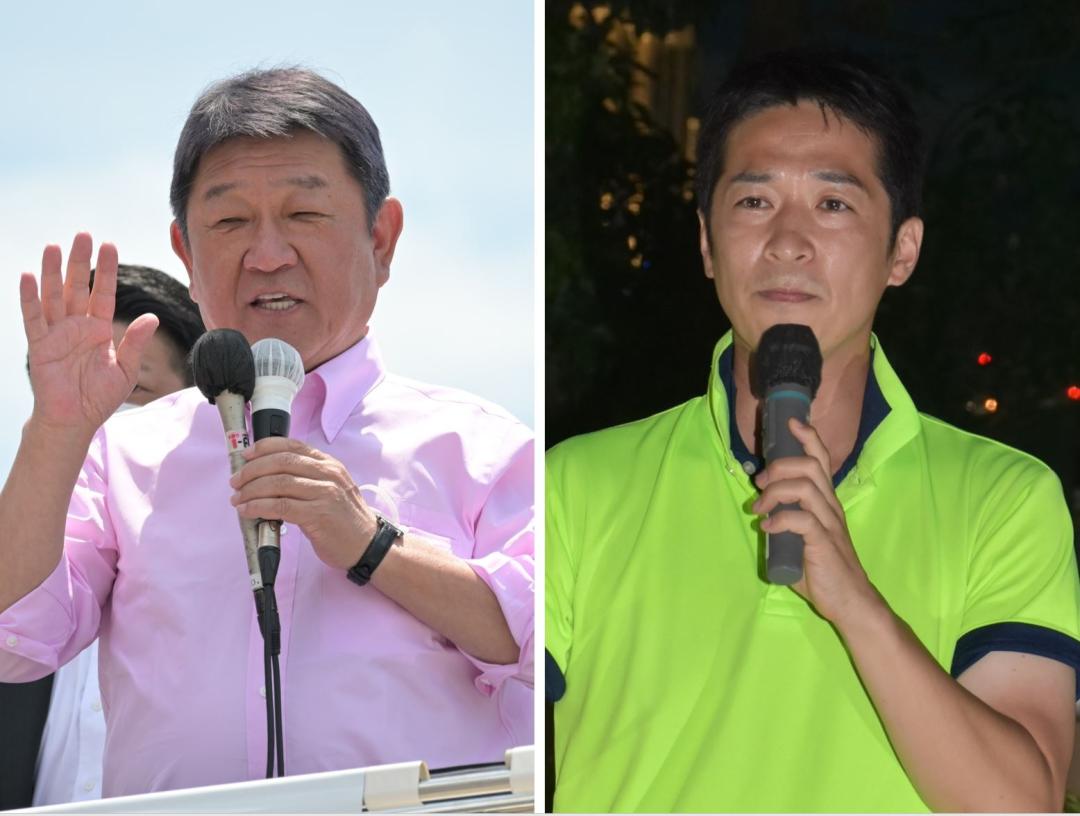 (左)街頭演説する自民党の茂木敏充幹事長=JR水戸駅南口(右)演説する日本維新の会の藤田文武幹事長=JR取手駅前