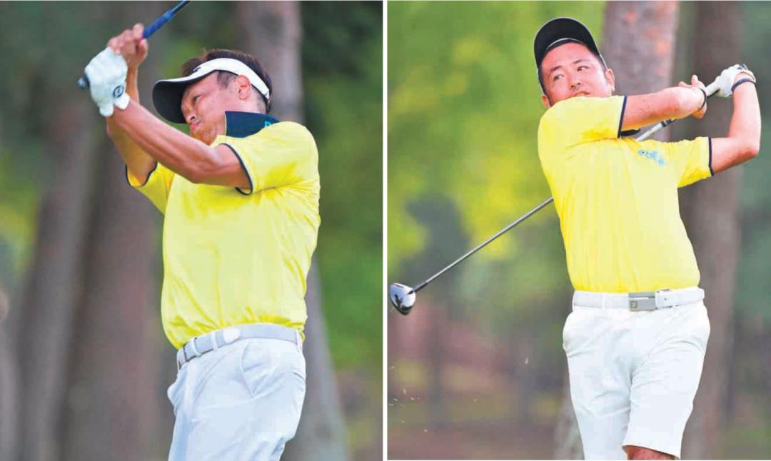 (右)プレーオフ3ホール目の9番でティーショットを放つ平岡和彦(阿見)(左)篠内博司(阿見)=宍戸ヒルズCC