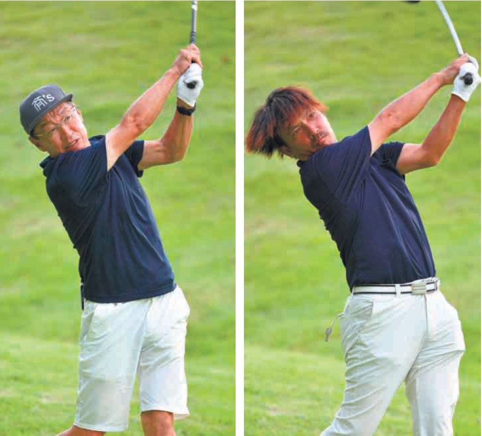 (右)プレーオフ1ホール目の1番でティーショットを放つ菅谷明(潮来)(左)大崎哲也(潮来)=宍戸ヒルズCC