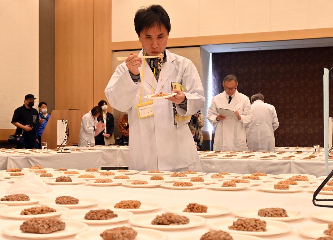 糸引きや味わいなどを評価する審査員たち=水戸市大工町のホテル・ザ・ウエストヒルズ・水戸