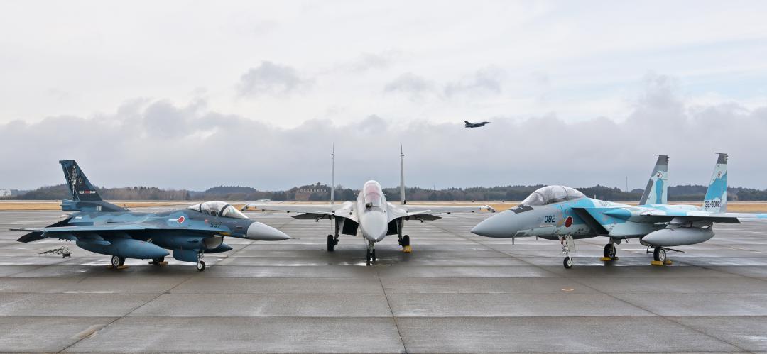 航空自衛隊百里基地に並ぶ(左から)空自のF2戦闘機、インド空軍のスホイ30戦闘機、空自のF15戦闘機=小美玉市百里