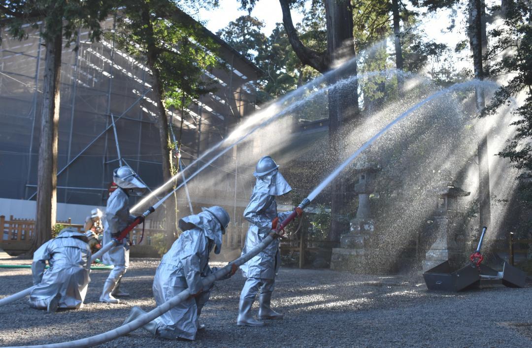 鹿島神宮の樹叢に向けて放水する消防署員たち=鹿嶋市宮中
