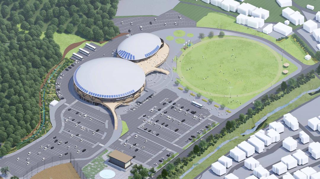 常陸太田市が計画している新総合体育館の外観パース(市提供)
