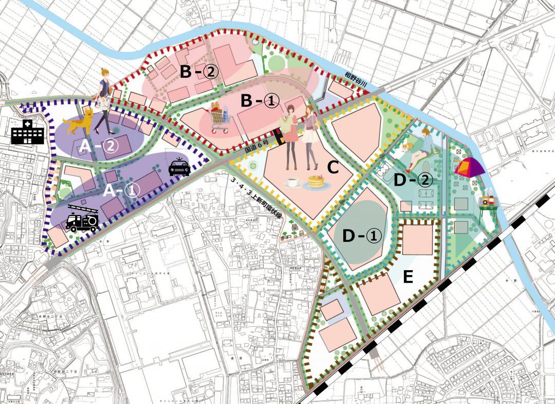桑原地区土地利用基本構想図(案)。大規模商業施設を核として、市内に新しいまちをつくり出す(取手市提供)
