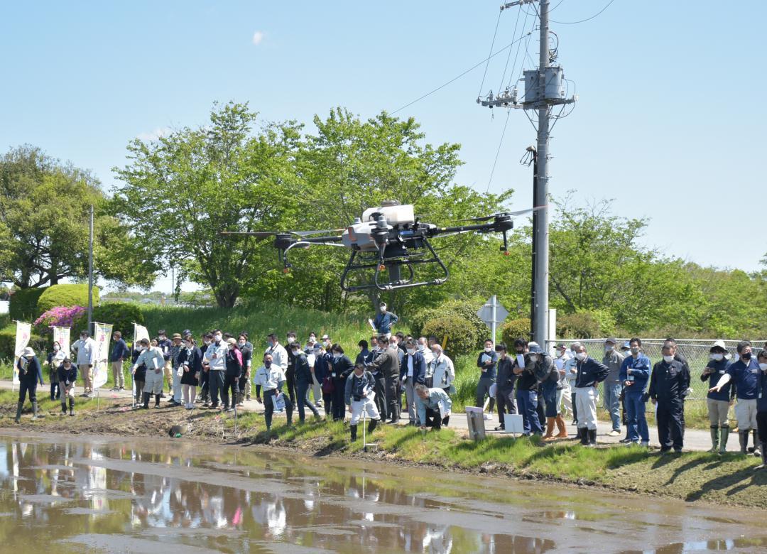 自動操縦で種もみをまく農業用ドローン=稲敷市内
