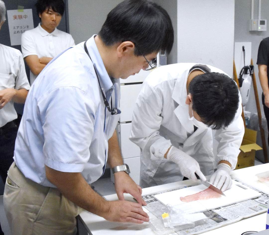 トリチウム濃度測定の準備をする茨城大大学院の鳥養祐二教授(左)=1日、水戸市文京
