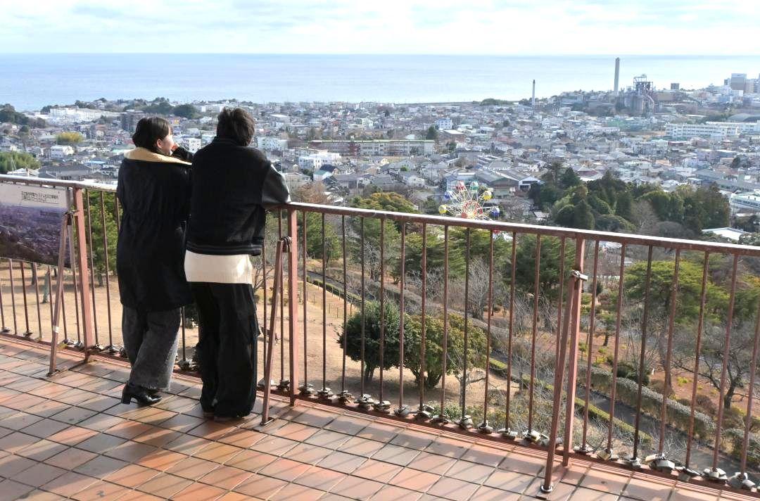 かみね公園頂上芝生広場の展望台から見える海と市街地=日立市宮田町
