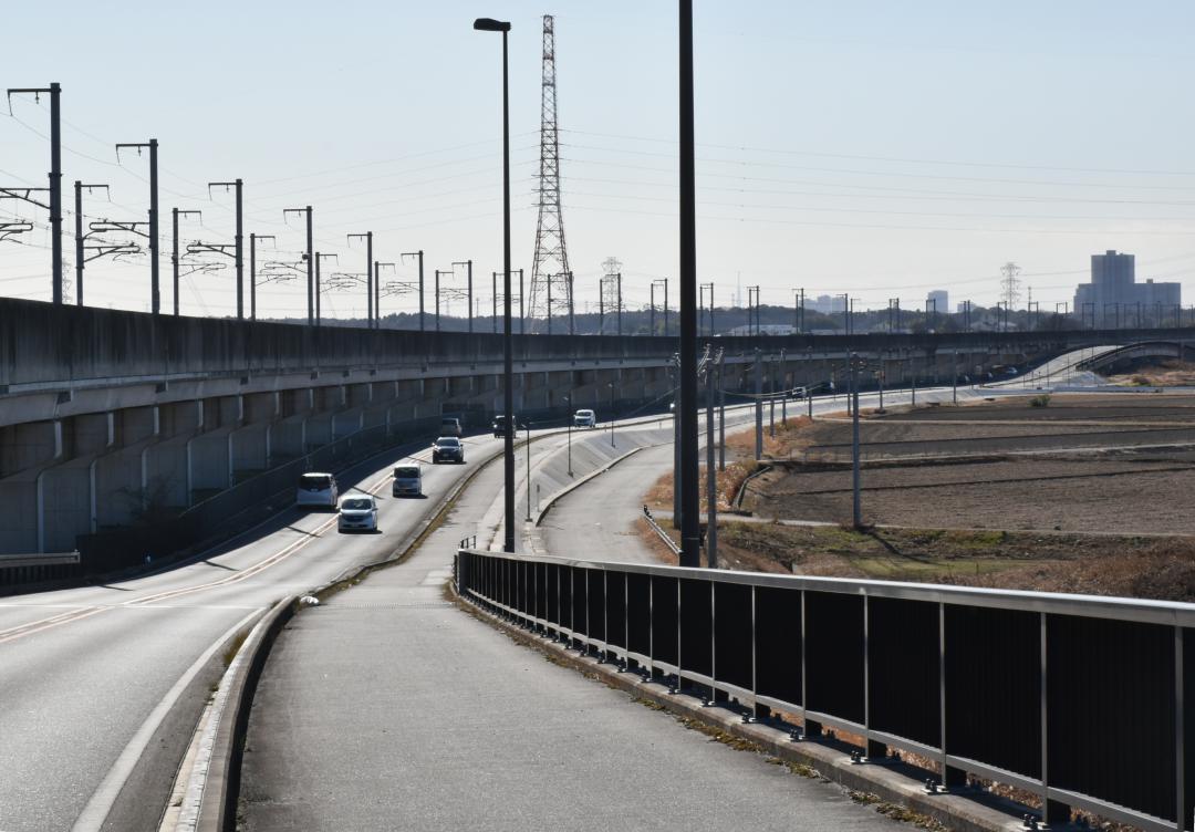 つくばエクスプレス(TX)に沿って、埼玉県三郷市とつくば市を結ぶ計画の都市軸道路。右奥に守谷市内のマンションなどが見える=つくばみらい市内
