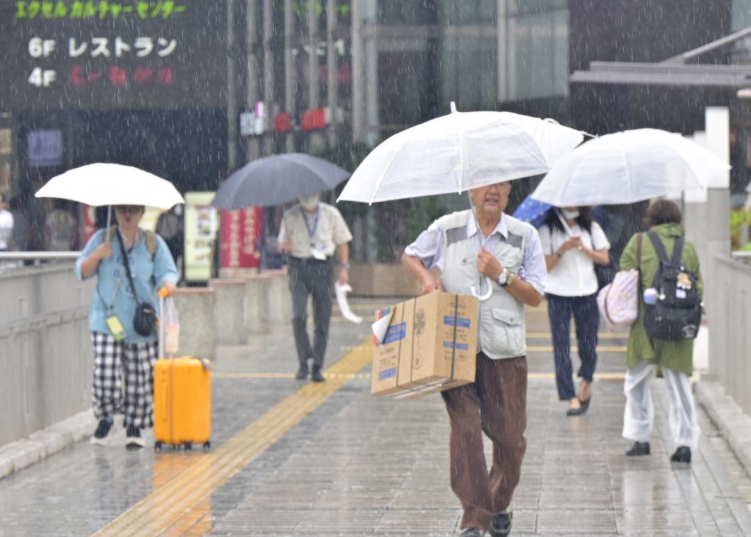 雨の中、傘を差して歩く人たち=30日午前11時16分、水戸市宮町のJR水戸駅南口