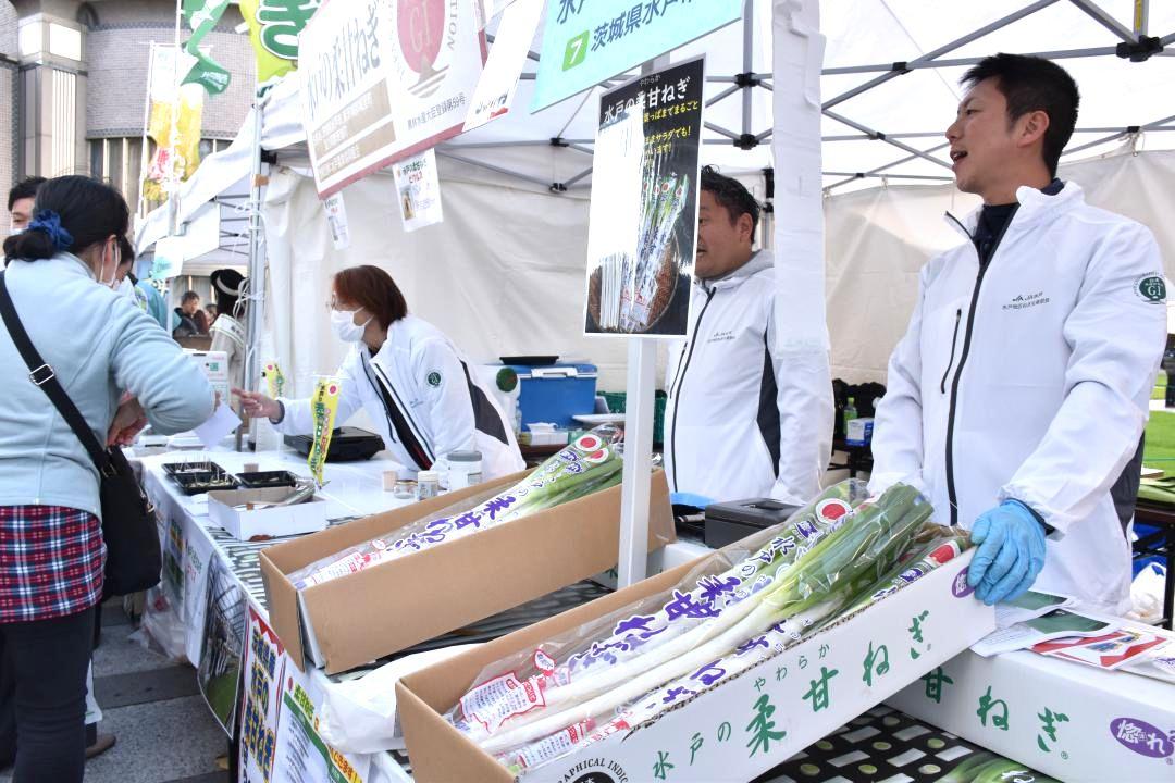 茨城県の「水戸の柔甘ねぎ」など、各産地のブランドネギが集まった産地ブース=水戸市泉町の水戸芸術館広場
