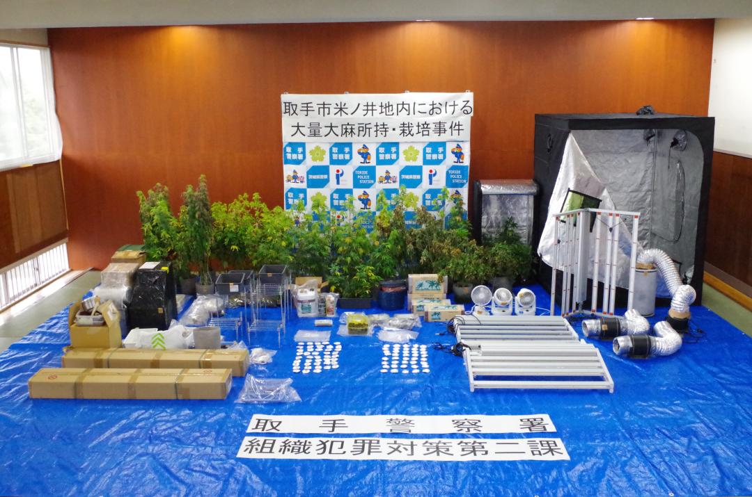 県警が押収した大麻草や栽培資機材など(県警提供)