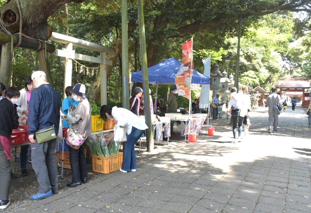 野菜販売やギターの弾き語りなどが行われている「息栖わくわく市」=神栖市息栖