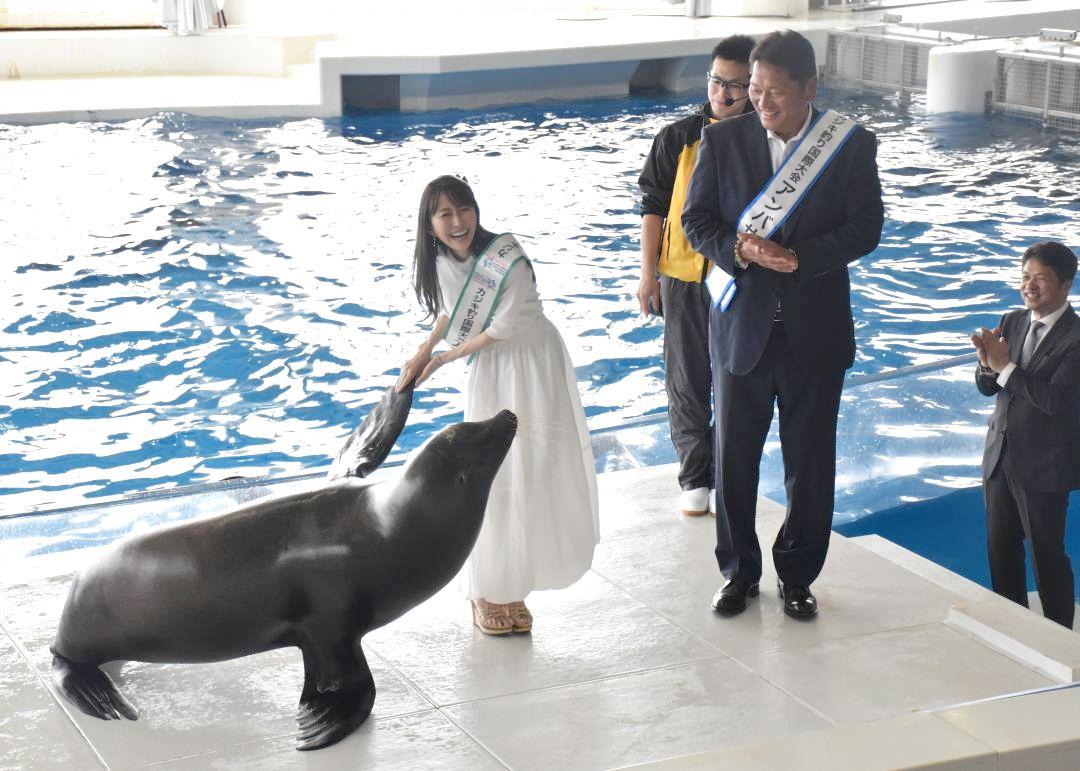 カジキ釣り国際大会アンバサダーに就任した元プロ野球選手の佐々木主浩さん(手前右)と妻の加奈子さん(同左)=大洗町磯浜町