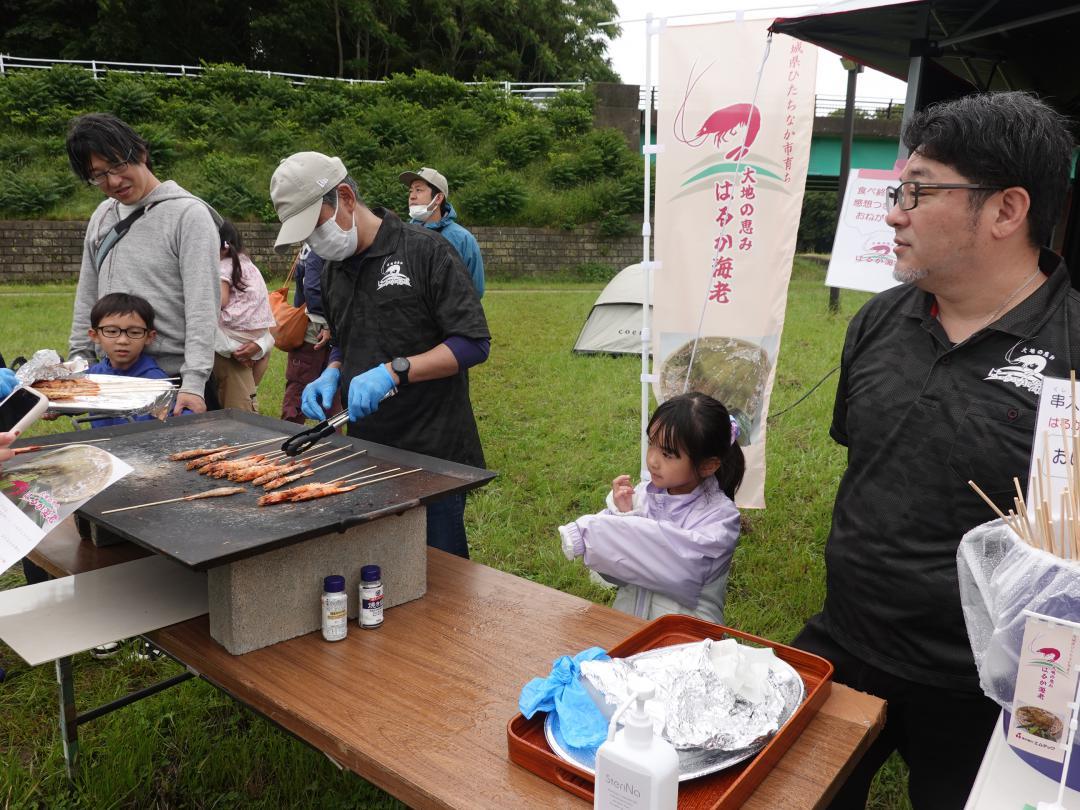 マルシェイベントで行われた「はるか海老」の試食会=ひたちなか市東石川
