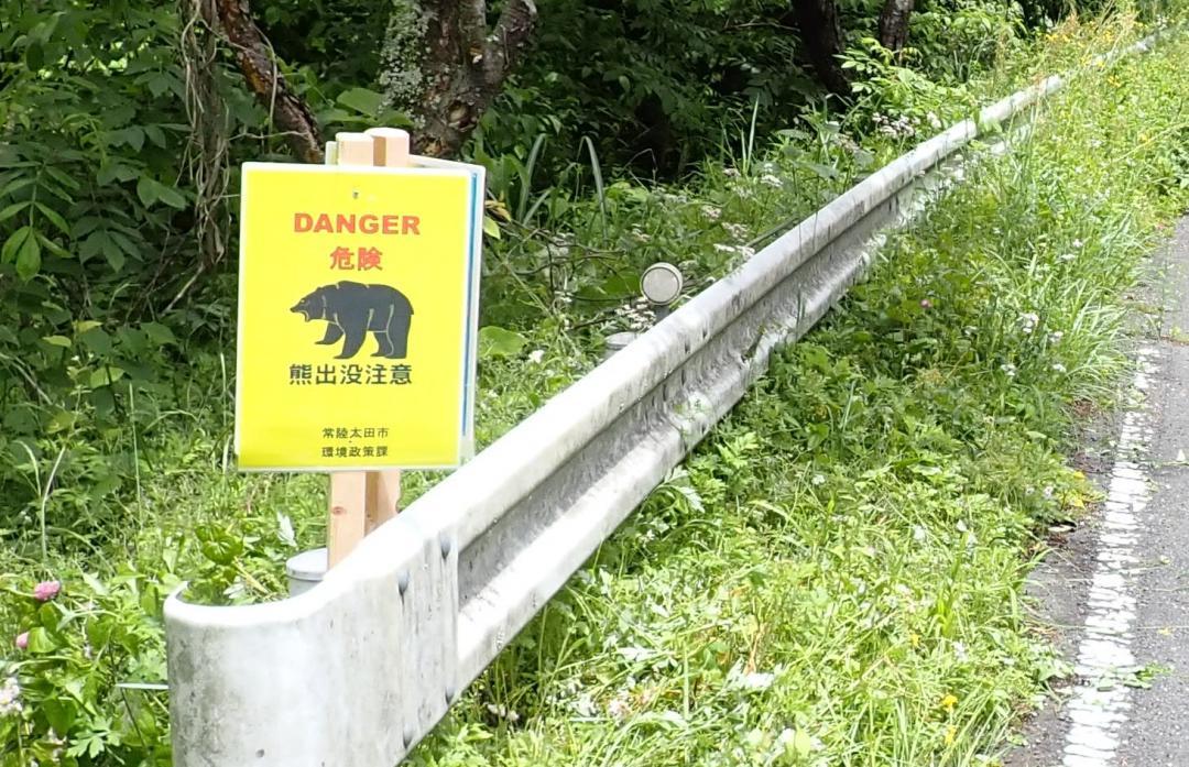 常陸太田市が設置したクマ注意の看板=同市徳田町
