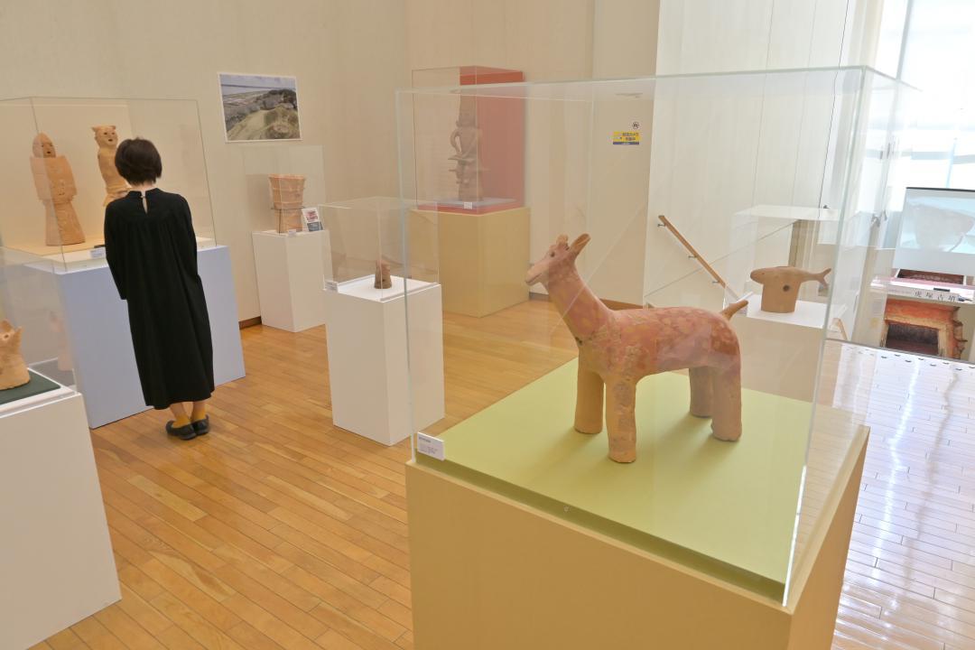 動物や人、円筒などさまざまな形の埴輪が並ぶ会場=水戸市備前町
