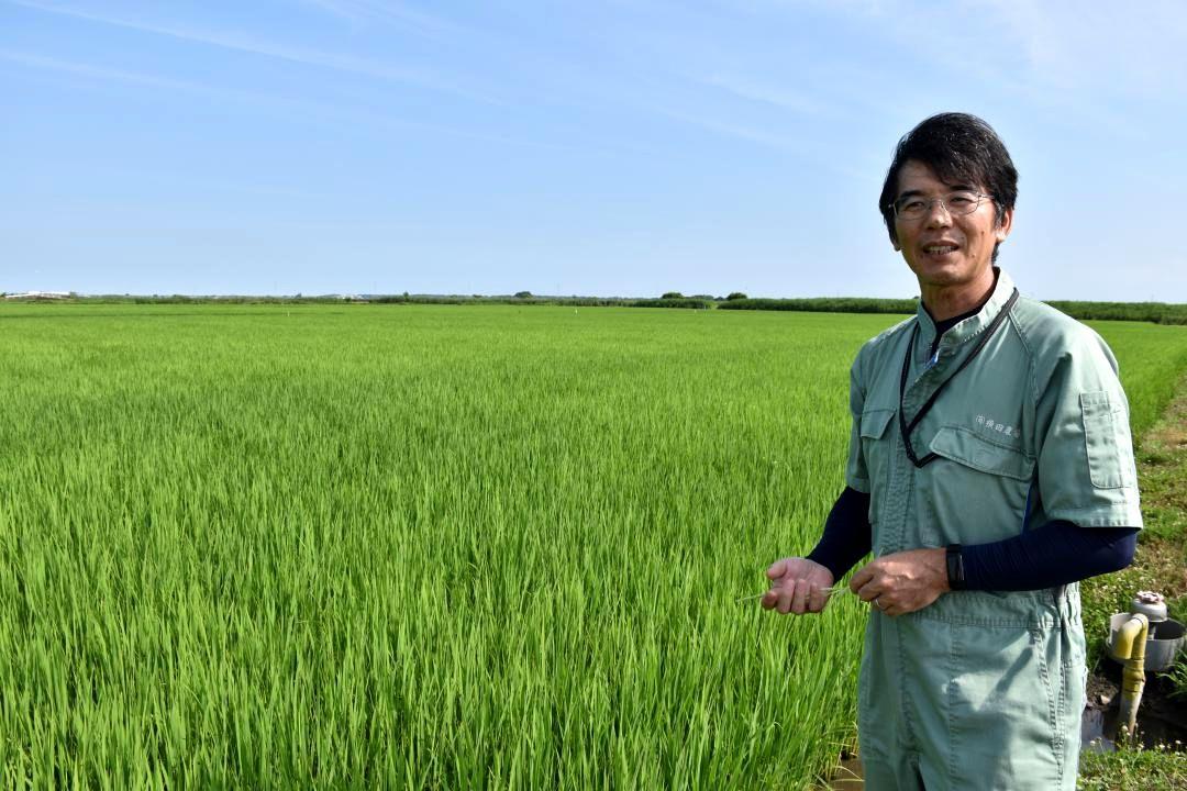 コメ価格高騰や生産の現状を語る横田修一さん=龍ケ崎市塗戸町
