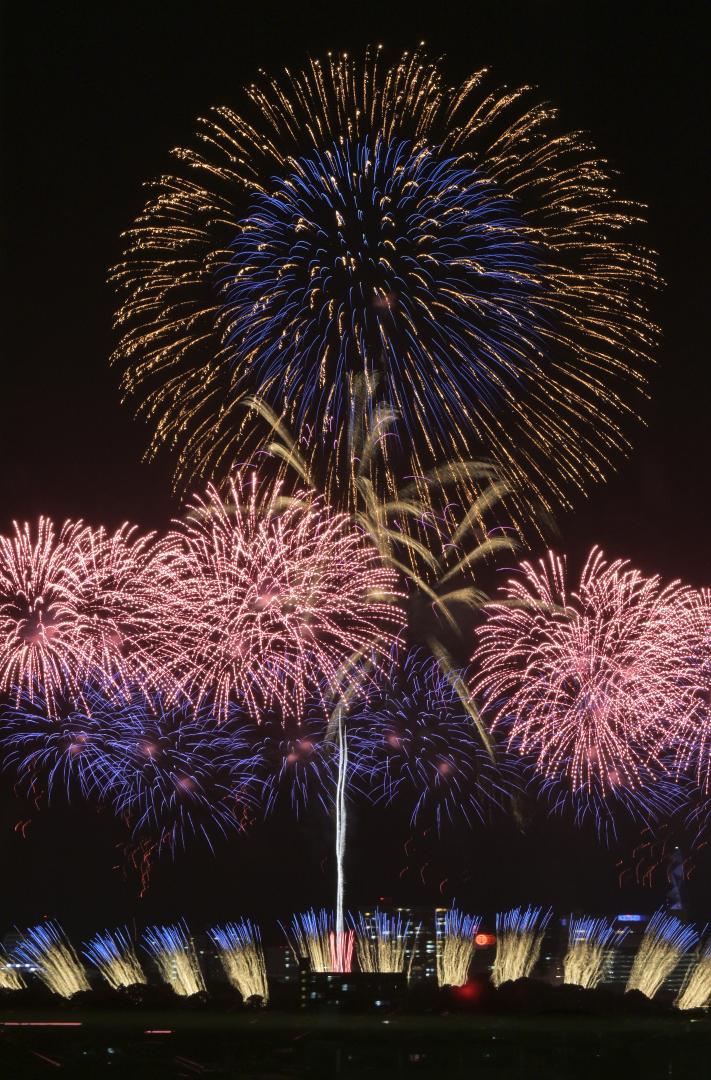夏の夜空を彩る花火=26日夜、水戸市笠原町から