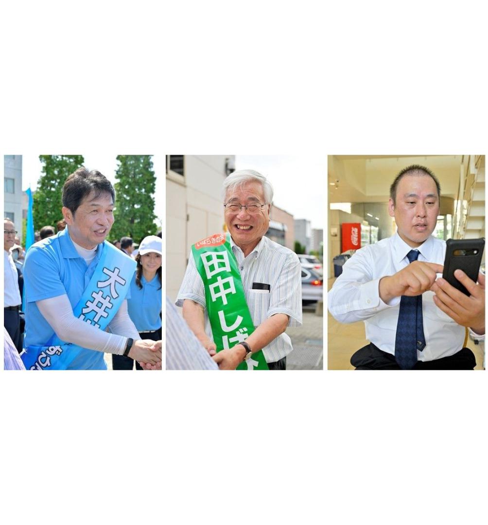 有権者と握手を交わす大井川和彦氏、支持者と握手を交わす田中重博氏、交流サイト(SNS)で発信作業をする内田正彦氏(左から)=21日、水戸市内