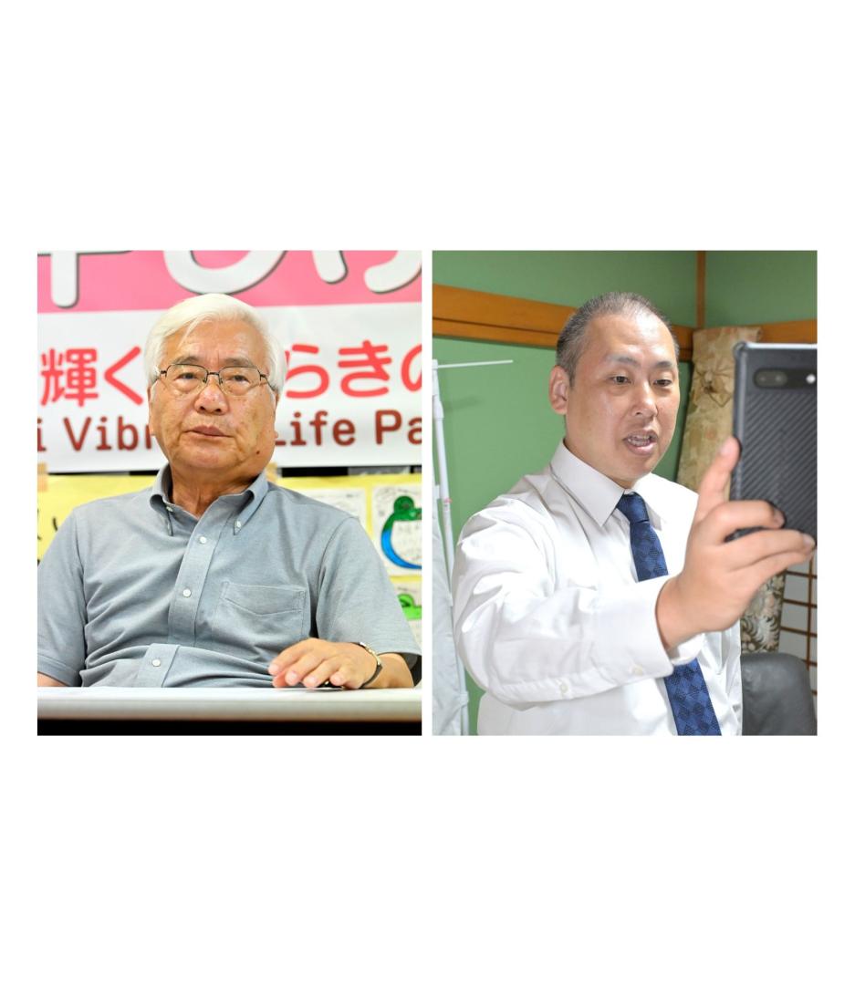 知事選で敗戦が確実となり表情をくもらせる田中重博氏、生配信で敗戦の弁を述べる内田正彦氏（左から）