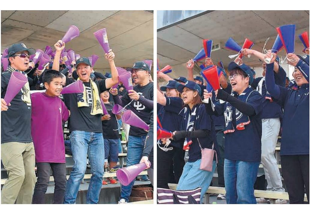 (右)盛り上がる下妻二高の応援席、(左)声援を送る下妻一高の応援席=ひたちなか市新光町