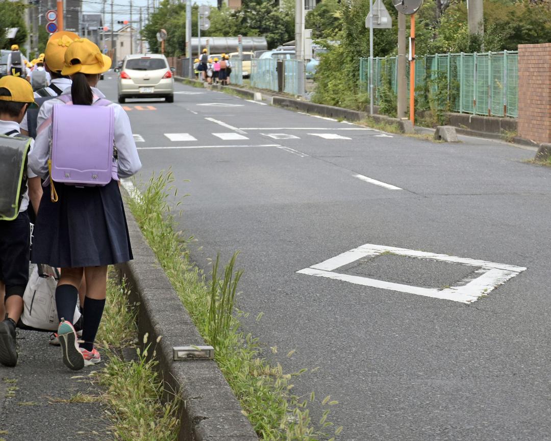 信号のない横断歩道を予告するダイヤマーク(右)=水戸市笠原町
