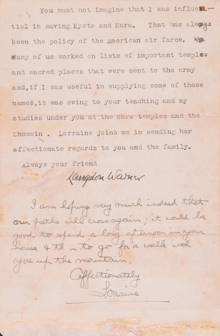 ラングドン・ウォーナーが新納忠之介に宛てた書簡=1945年12月28日、県天心記念五浦美術館蔵