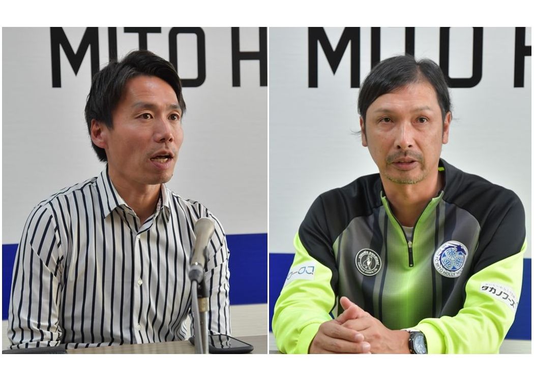 今季限りで退任する水戸の西村卓朗GM、森直樹監督(左から)