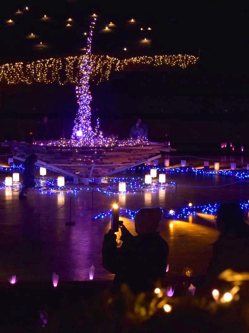 夜の静峰ふるさと公園でイルミネーションを楽しむ人たち=那珂市静
