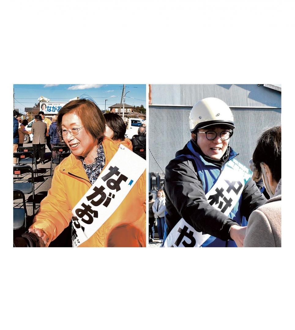 有権者と握手を交わす永岡桂子氏、中村勇太氏(左から届け出順)