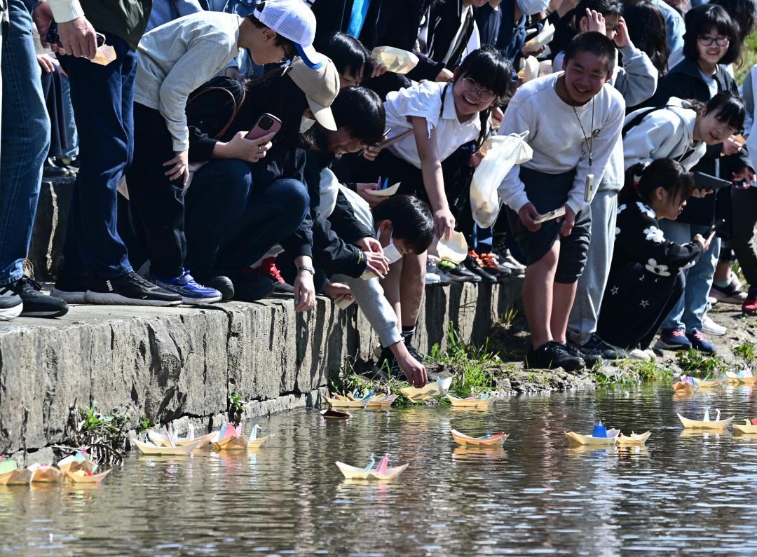 折りびなを川に流す参加者ら=桜川市真壁町飯塚