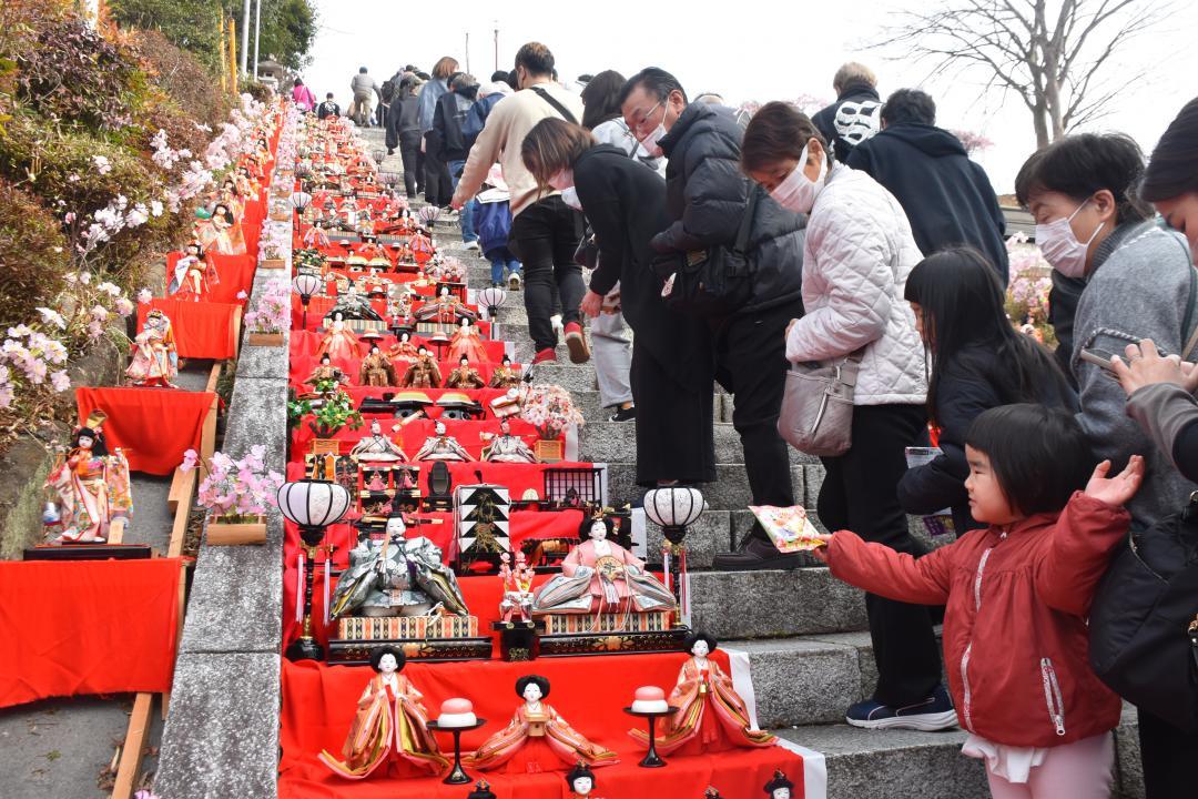 階段に豪華に並んだひな人形=大子町大子