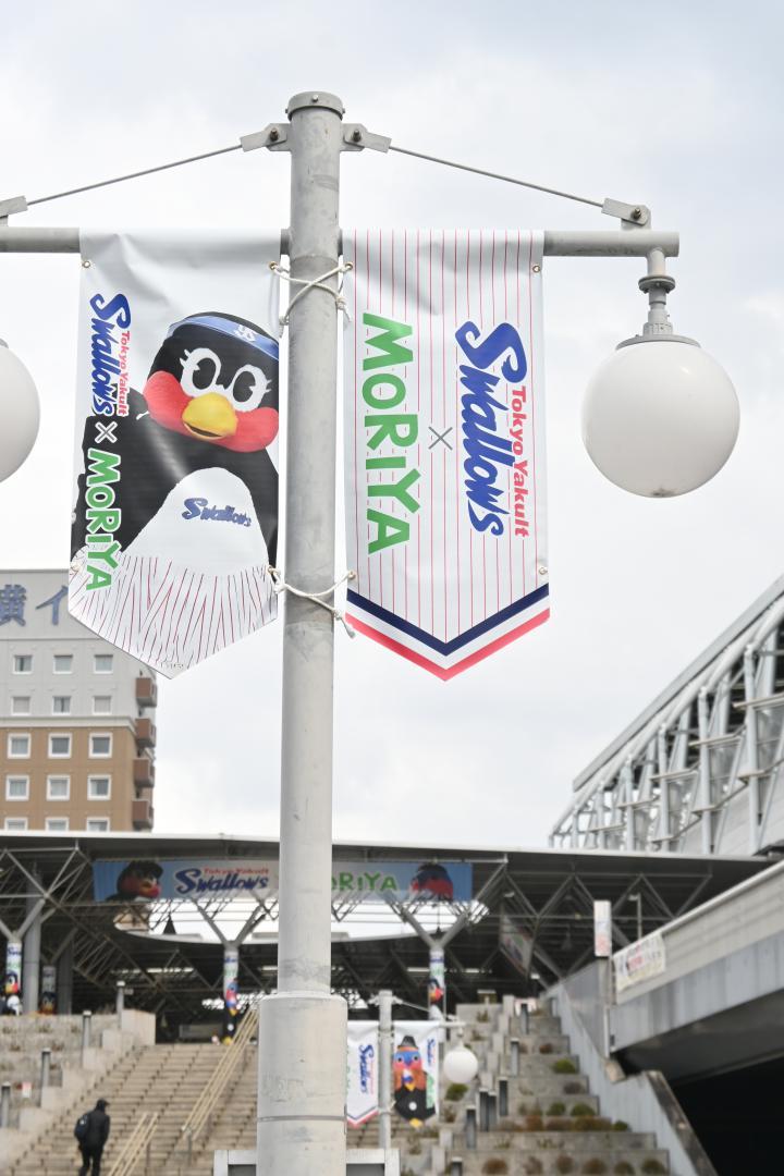 守谷駅前の街路灯に飾られたフラッグ